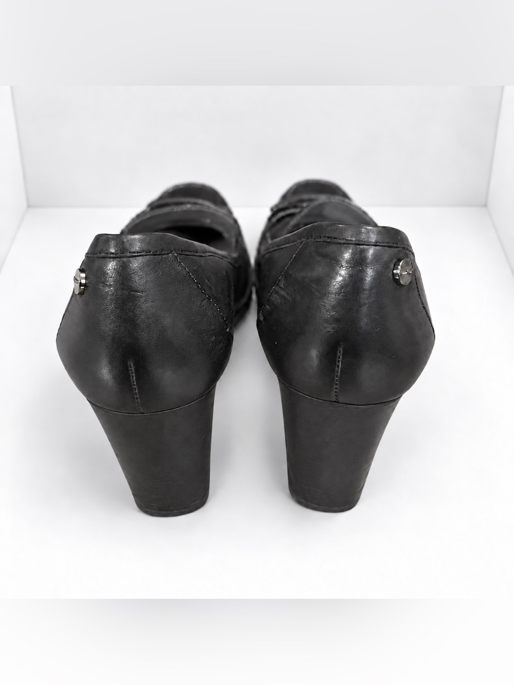 Vintage 90s Calvin Klein Black Leather Square Toe Loafer Pumps Y2K Block Heels - Picture 4 of 10
